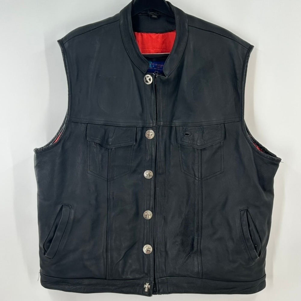 Mens Black Leather Biker Vest Red Lining Cross Concho Buttons XL